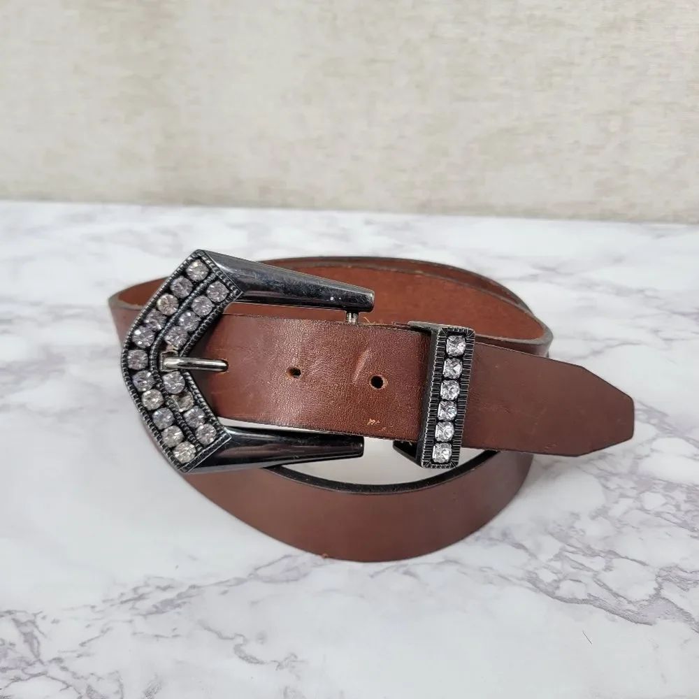 CINTURE D'AUTORE Brown Italian Genuine Leather Belt with Rhinestone Buckle